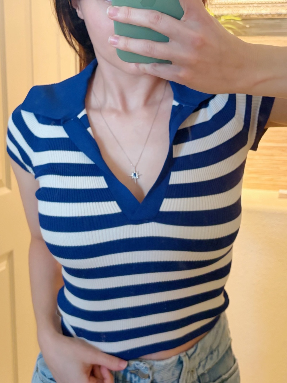 Alice + Olivia Knit Blue and White Striped Sweater Polo Short-Sleeve Top